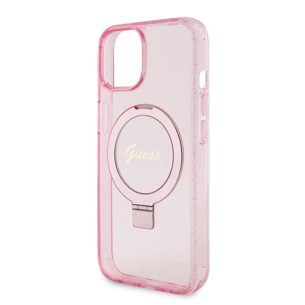 Guess iPhone 15 Cover Ring Stand Glitter MagSafe Lyserød