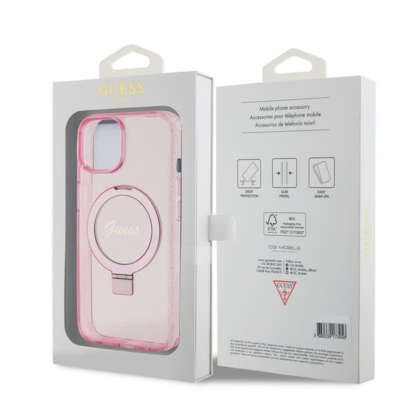 Guess iPhone 15 Cover Ring Stand Glitter MagSafe Lyserød