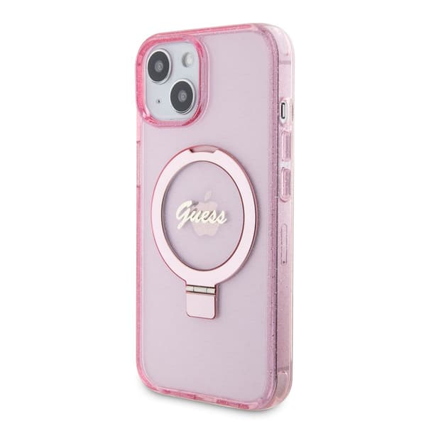 Guess iPhone 15 Cover Ring Stand Glitter MagSafe Lyserød
