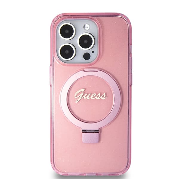 Guess iPhone 15 Pro Cover Ring Stand Glitter MagSafe Lyserød