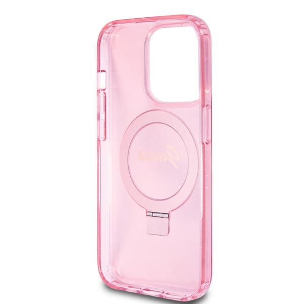 Guess iPhone 15 Pro Cover Ring Stand Glitter MagSafe Lyserød