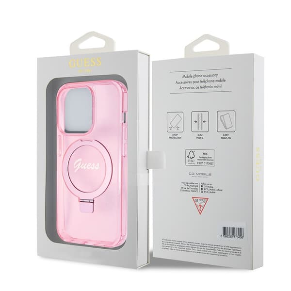 Guess iPhone 15 Pro Cover Ring Stand Glitter MagSafe Lyserød