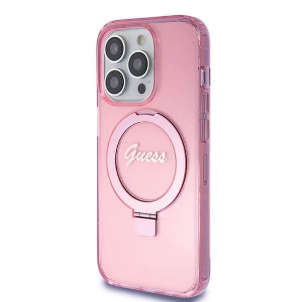 Guess iPhone 15 Pro Cover Ring Stand Glitter MagSafe Lyserød