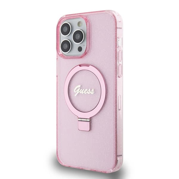 Guess iPhone 15 Pro Max Skal Ring Stand Glitter MagSafe Rosa