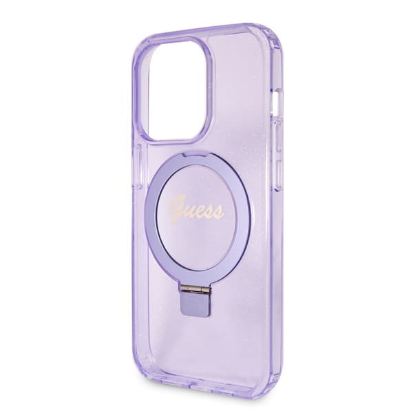 Guess iPhone 15 Pro Kuori Ring Stand Glitter MagSafe Violetti