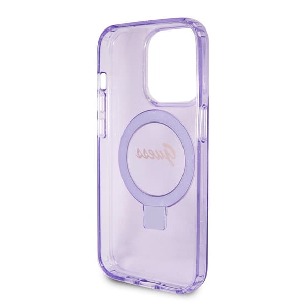 Guess iPhone 15 Pro Kuori Ring Stand Glitter MagSafe Violetti