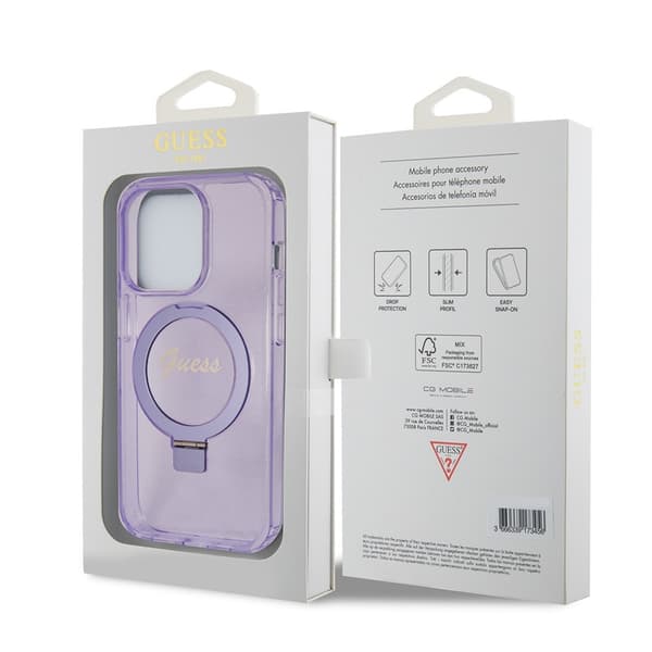 Guess iPhone 15 Pro Max Cover Ring Stand Glitter MagSafe Lilla