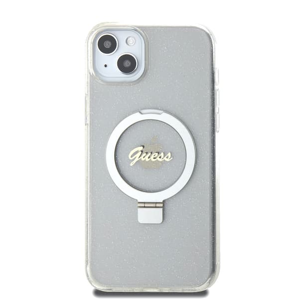 Guess iPhone 15 Plus Cover Ring Stand Glitter MagSafe Transparent