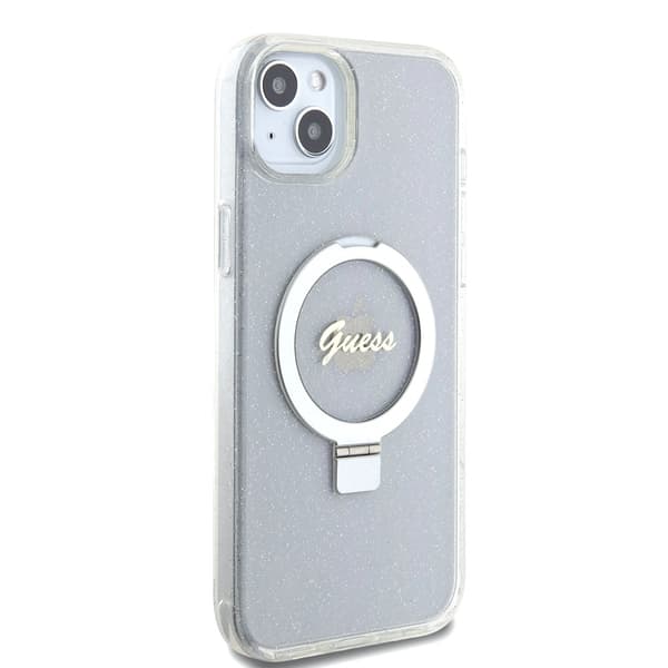 Guess iPhone 15 Plus Cover Ring Stand Glitter MagSafe Transparent