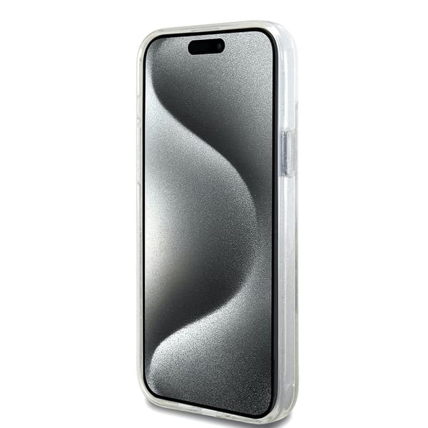 Guess iPhone 15 Plus Cover Ring Stand Glitter MagSafe Transparent