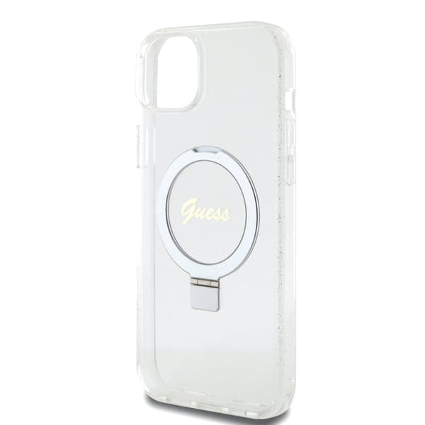 Guess iPhone 15 Plus Cover Ring Stand Glitter MagSafe Transparent