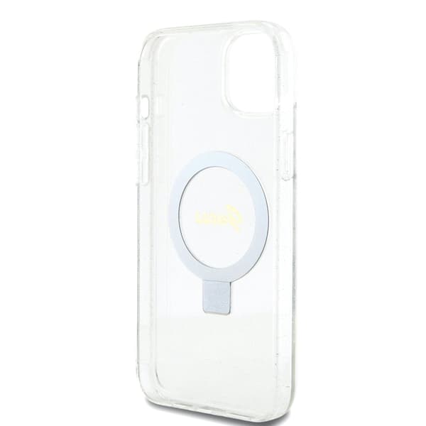 Guess iPhone 15 Plus Cover Ring Stand Glitter MagSafe Transparent