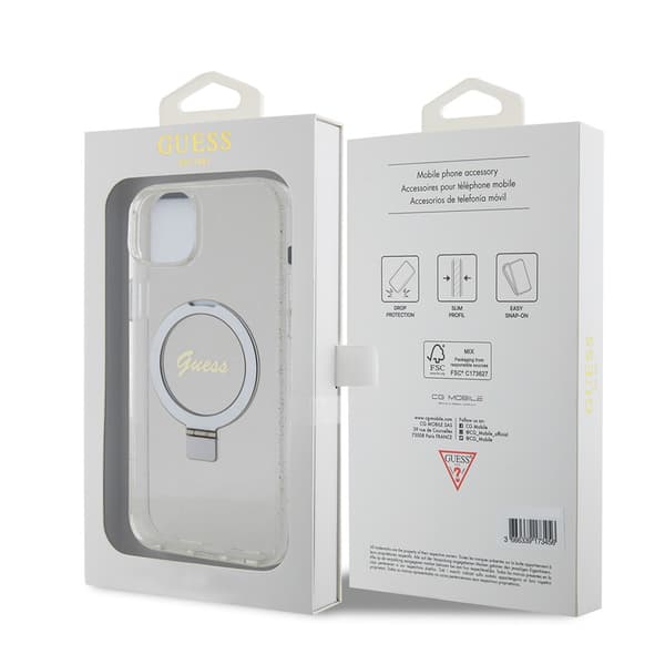 Guess iPhone 15 Plus Cover Ring Stand Glitter MagSafe Transparent