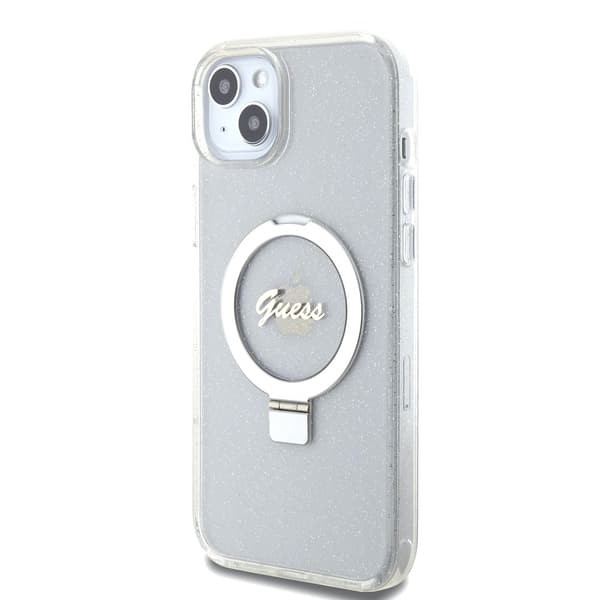 Guess iPhone 15 Plus Cover Ring Stand Glitter MagSafe Transparent