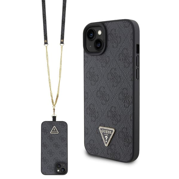 Guess iPhone 15 Kuori Metal Logo Strass Crossbody Strap Musta