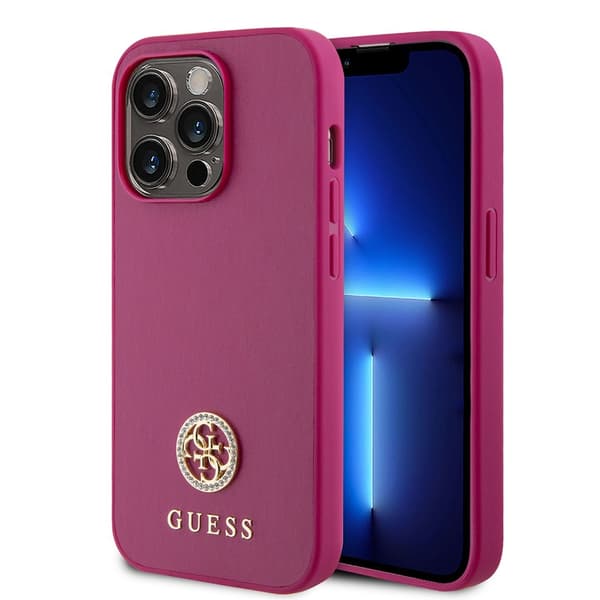 Guess iPhone 15 Pro Kuori Metal Logo Strass Metallic Vaaleanpunainen