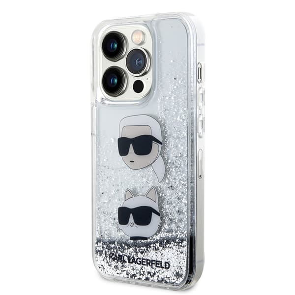 Karl Lagerfeld iPhone 15 Pro Skal Liquid Glitter Karl & Choupette Silver