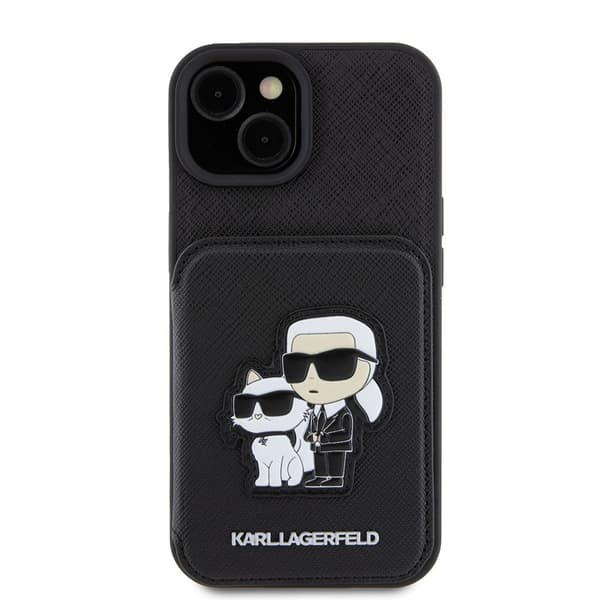 Karl Lagerfeld iPhone 15 Kuori Saffiano Card Slots & Stand Musta