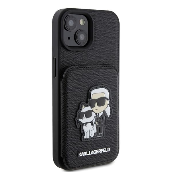 Karl Lagerfeld iPhone 15 Kuori Saffiano Card Slots & Stand Musta