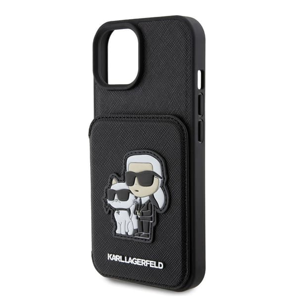 Karl Lagerfeld iPhone 15 Kuori Saffiano Card Slots & Stand Musta