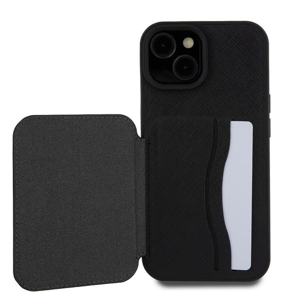Karl Lagerfeld iPhone 15 Kuori Saffiano Card Slots & Stand Musta