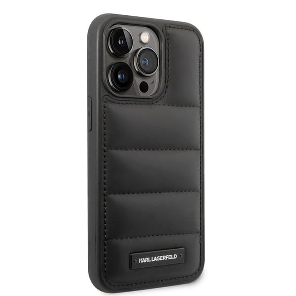 Karl Lagerfeld iPhone 15 Pro Kuori Quilted Nylon Puffy Case Logo Plate Musta