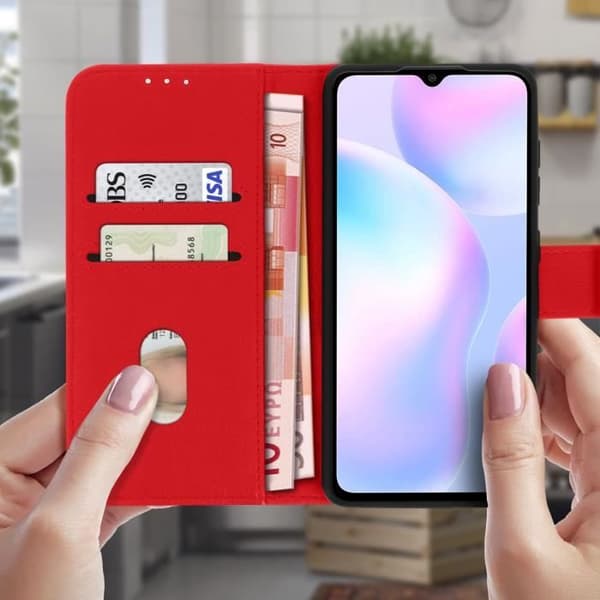 Skyddsfodral - AVIZAR - Xiaomi Redmi 9A - Röd - Kortfack - Videostöd