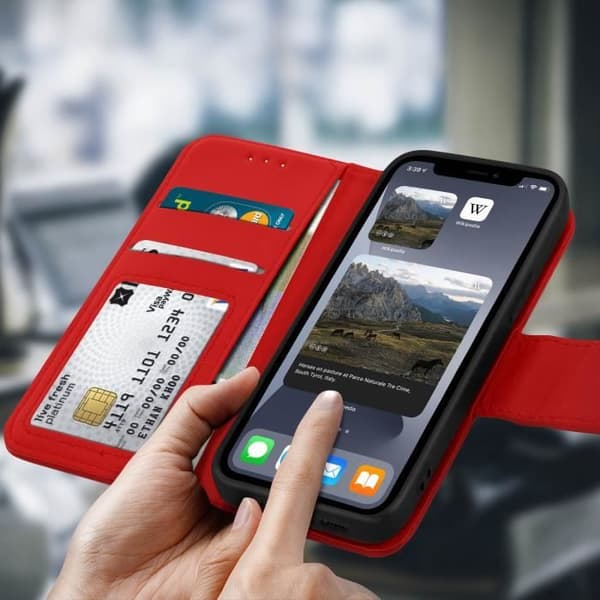 Housse iPhone 11 Pro Max - Apple - Premium Läder - Röd - Video Ställ - Kortfack
