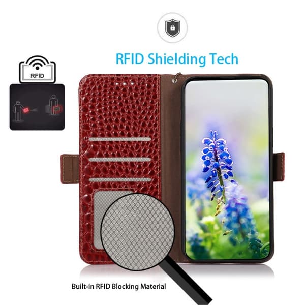 iPhone 15 Fodral RFID Äkta Läder Krokodil Textur Röd