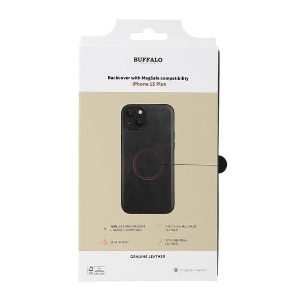 Buffalo iPhone 15 Plus Kuori Aito nahka MagSeries Musta