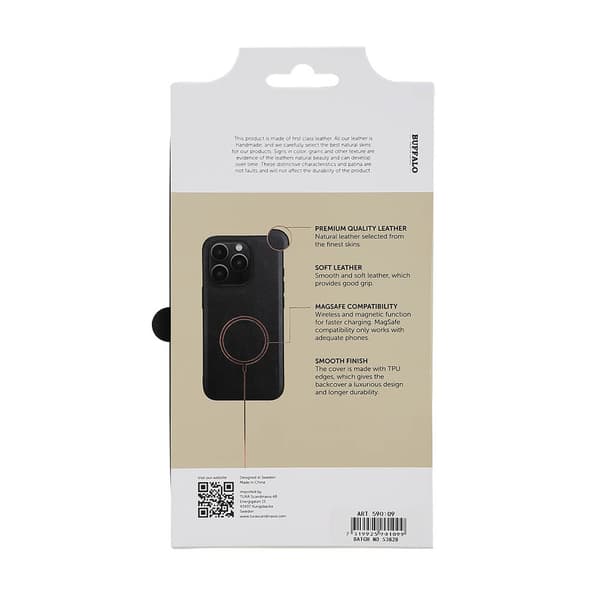 Buffalo iPhone 15 Pro Kuori Aito nahka MagSeries Musta