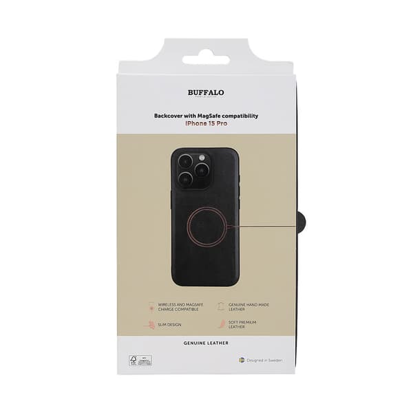 Buffalo iPhone 15 Pro Kuori Aito nahka MagSeries Musta