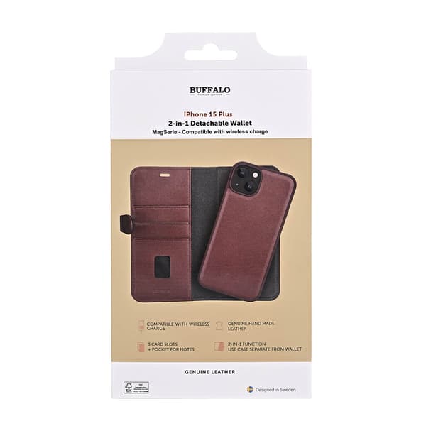 Buffalo iPhone 15 Plus Kotelo 3 Korttitaskuja Irrotettava Kuori MagSeries Ruskea