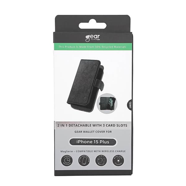 Gear iPhone 15 Plus Kotelo 3 Korttitaskuja Irrotettava Kuori MagSeries Musta