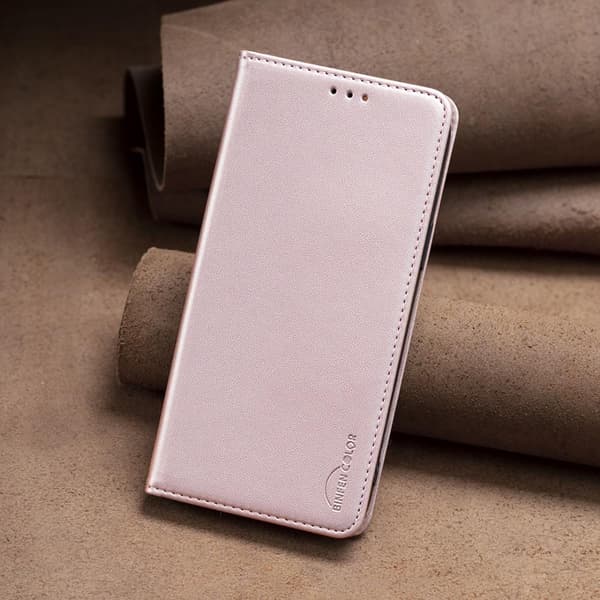 iPhone 15 Pro Max BINFEN COLOR Præget Flip Cover - Rosa guld