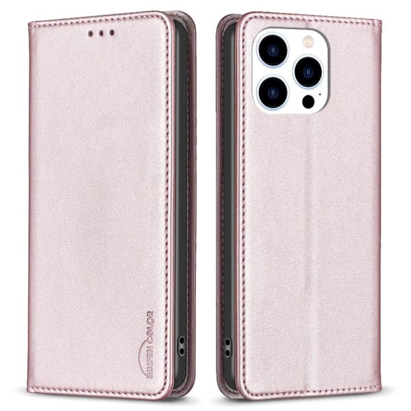 iPhone 15 Pro Max BINFEN COLOR Præget Flip Cover - Rosa guld