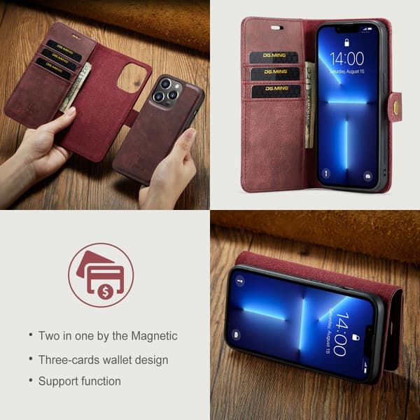 DG MING iPhone 15 Pro Max 2-i-1 Magnet Plånboksfodral - Röd