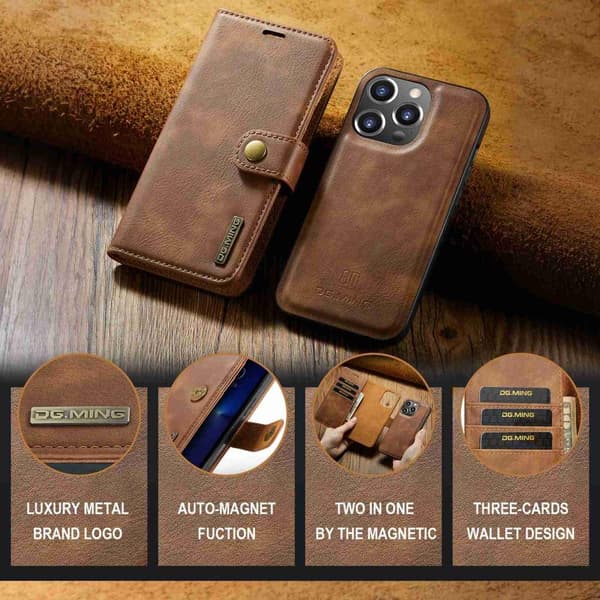 DG MING iPhone 15 Pro Max 2-in-1 magneetti lompakkokotelo - Ruskea