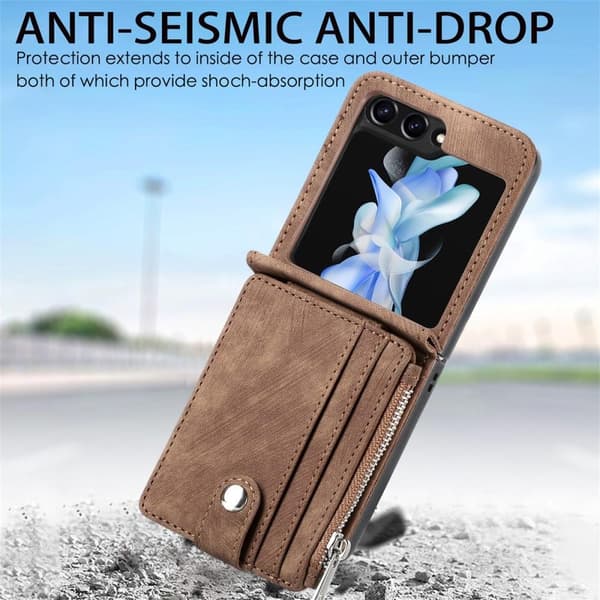 SKALO Samsung Z Flip5 PU-nahkainen Suojakuori Lompakolla - Ruskea
