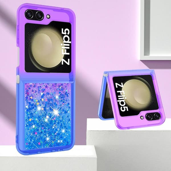 SKALO Samsung Z Flip5 Juoksuhiekka Glitter Sydämet TPU kuori - Violetti-Sininen