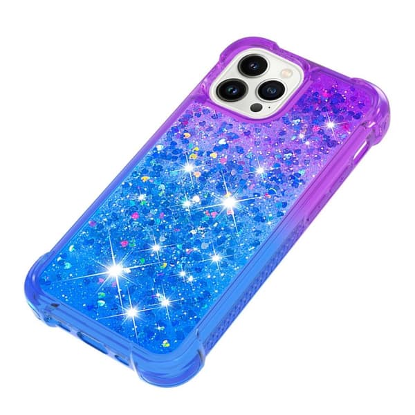 SKALO iPhone 15 Pro Max Kvicksand Glitter Hjerter TPU Cover - Lilla-Blå