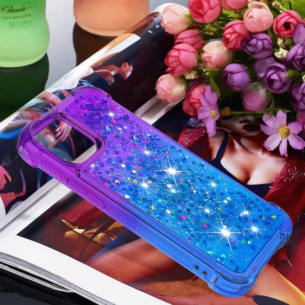 SKALO iPhone 15 Pro Max Kvicksand Glitter Hjerter TPU Cover - Lilla-Blå
