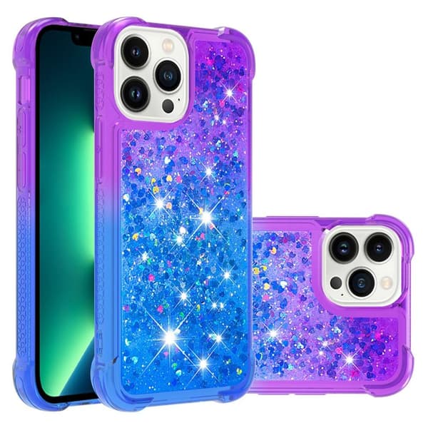 SKALO iPhone 15 Pro Max Kvicksand Glitter Hjerter TPU Cover - Lilla-Blå