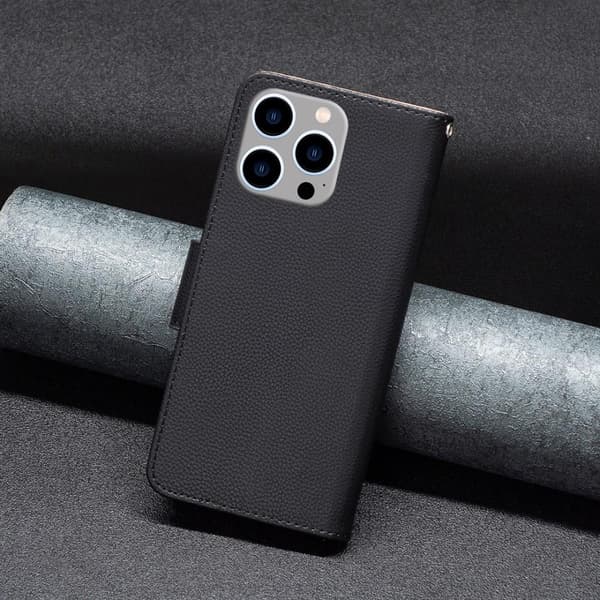 SKALO iPhone 15 Pro Max Litchi Flip Cover - Sort