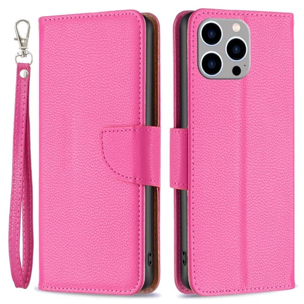 SKALO iPhone 15 Pro Max Litchi Plånboksfodral - Rosa