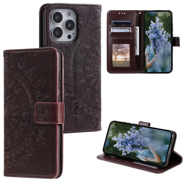 SKALO iPhone 15 Pro Mandala lompakkokotelo - Ruskea
