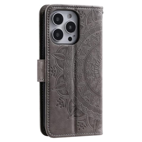 SKALO iPhone 15 Pro Mandala lompakkokotelo - Harmaa