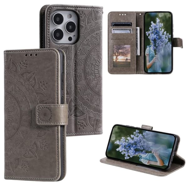 SKALO iPhone 15 Pro Mandala lompakkokotelo - Harmaa