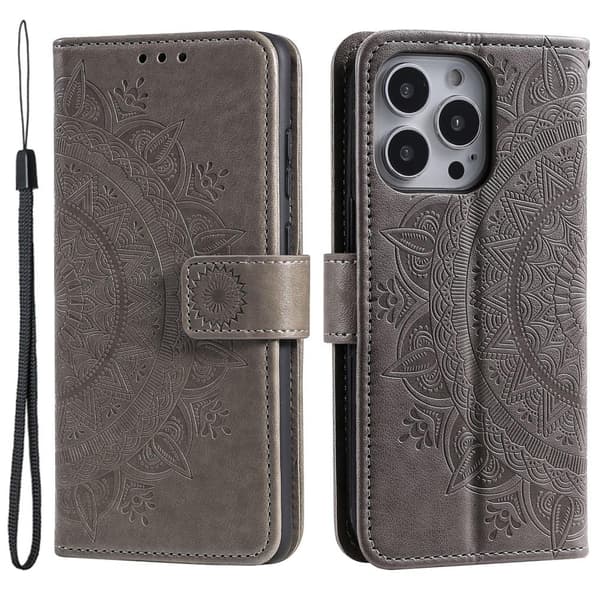SKALO iPhone 15 Pro Mandala lompakkokotelo - Harmaa