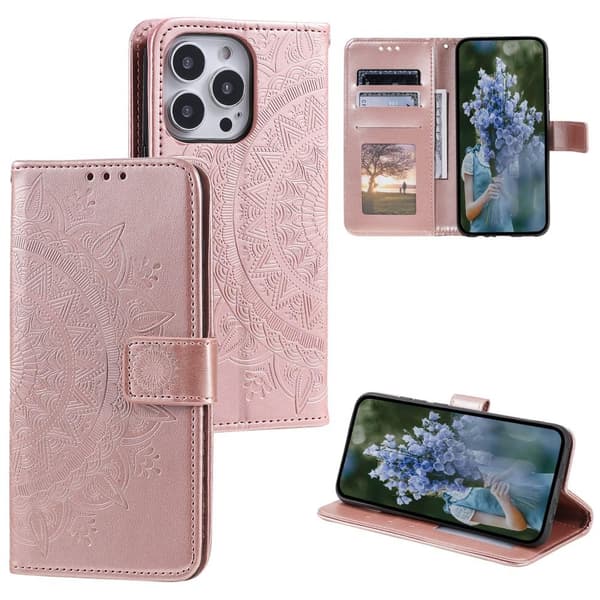 SKALO iPhone 15 Pro Mandala lompakkokotelo - Ruusukulta